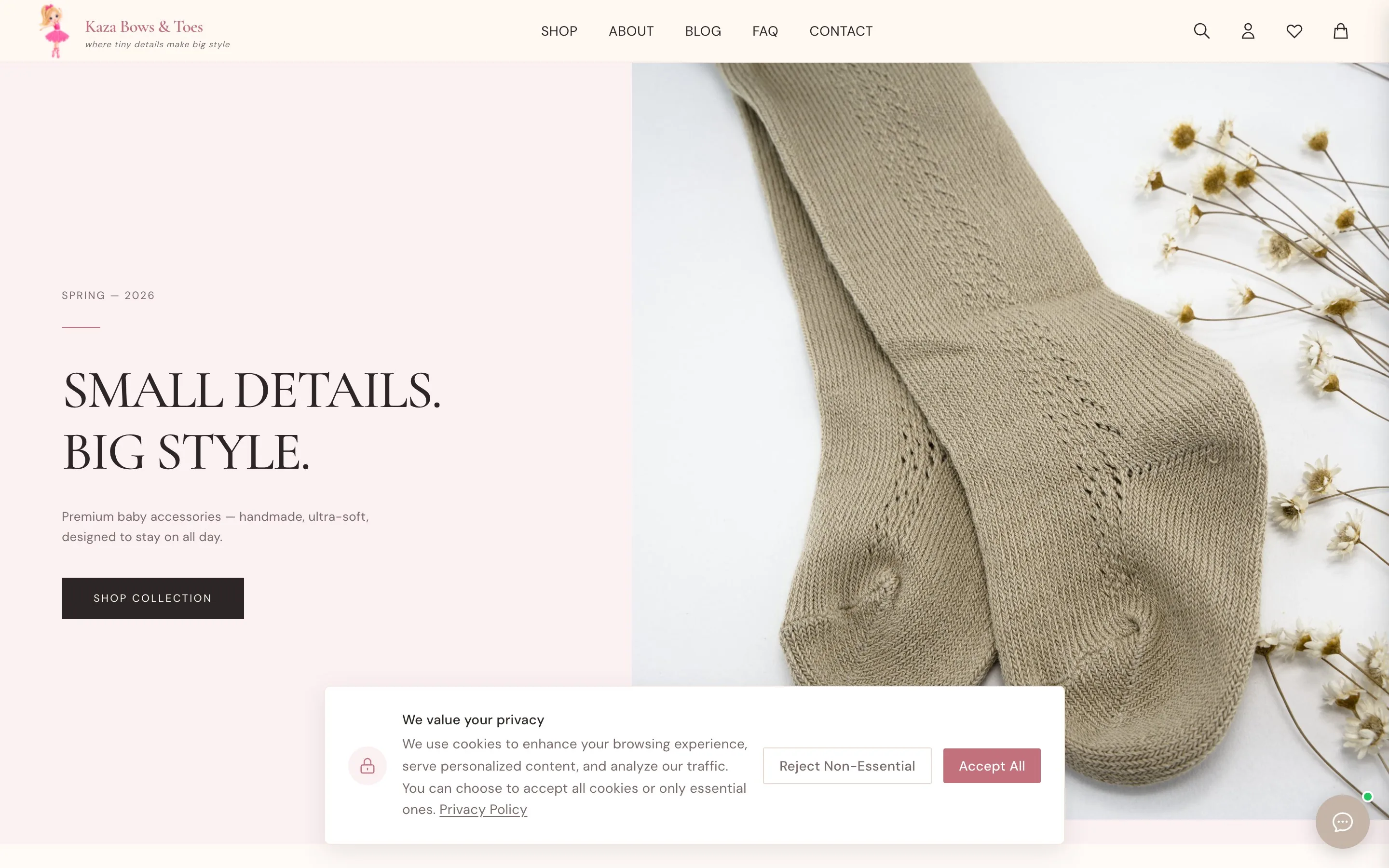 KAZA Bows & Toes live-site screenshot